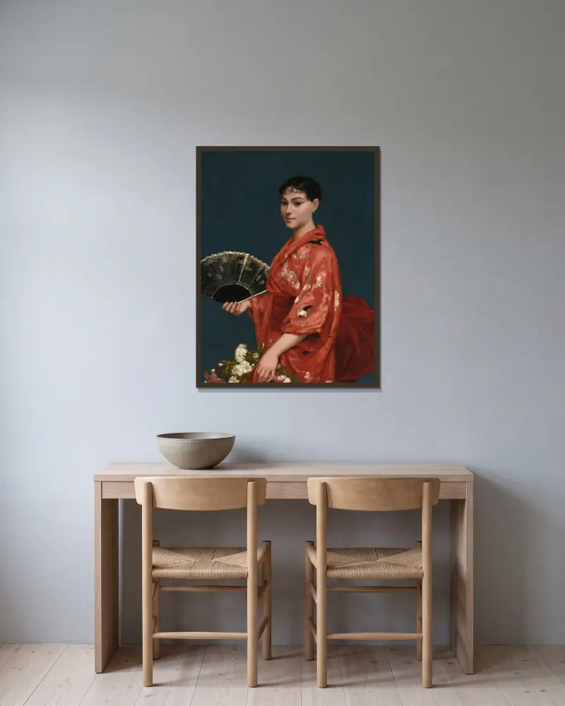 Ung kvinna i röd kimono av Frank Buchser inramad på en vägg