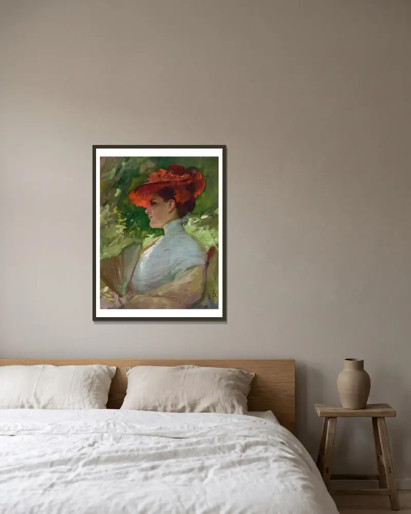 Lady with a Red Hat (Portrait of Maggie Wilson) av Frank Duveneck inramad på en vägg