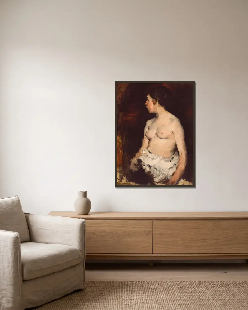 Sitzender Akt von Frank Duveneck gerahmt an einer Wand