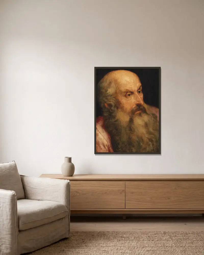 A Study Of A Bearded Man av Frans Floris inramad på en vägg