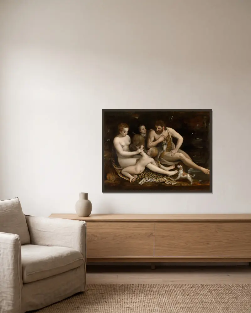 Adam och Eva med sina barn av Frans Floris inramad på en vägg