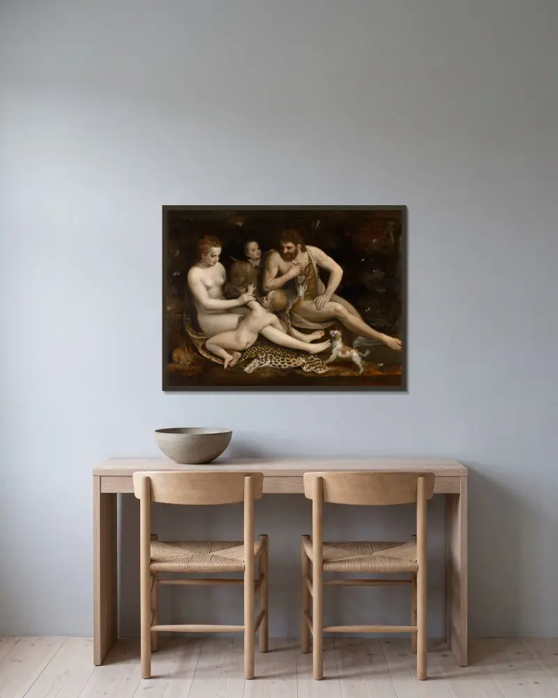 Adam och Eva med sina barn av Frans Floris inramad på en vägg