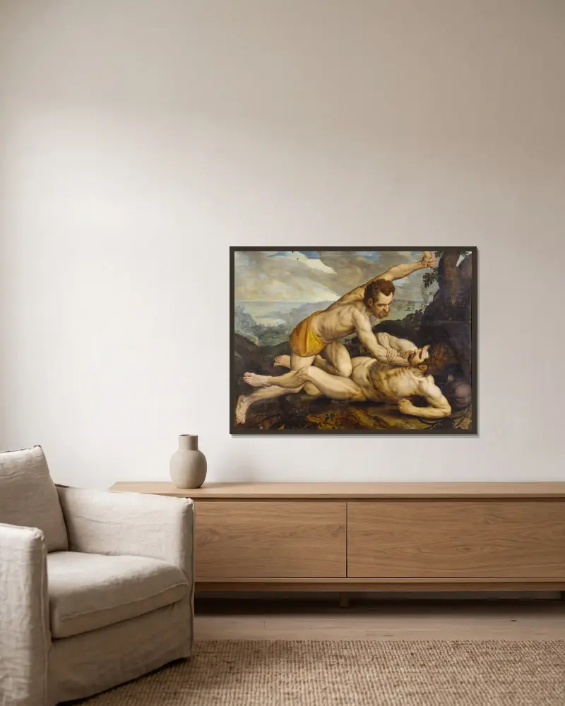 Cain and Abel av Frans Floris inramad på en vägg