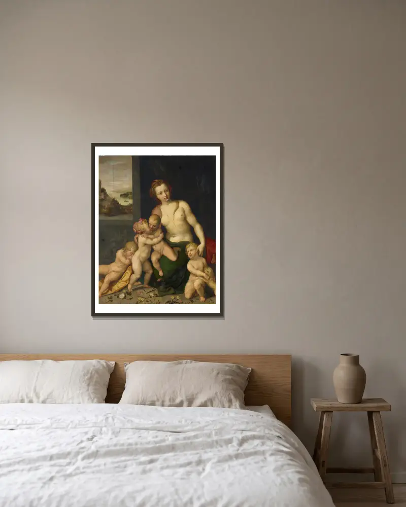 Caritas – nr 2 av Frans Floris inramad på en vägg