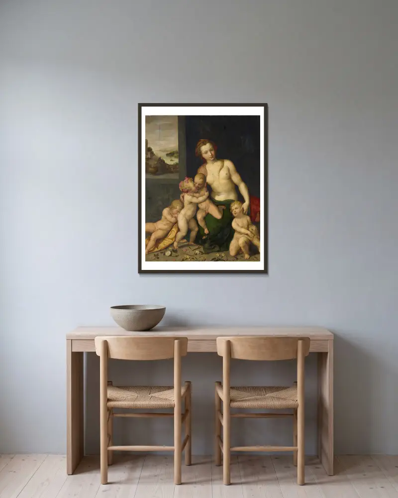 Caritas – nr 2 av Frans Floris inramad på en vägg