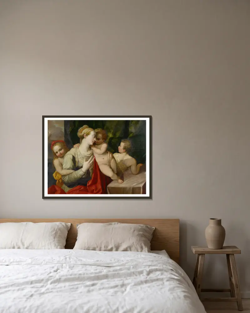 Caritas – nr 1 av Frans Floris inramad på en vägg