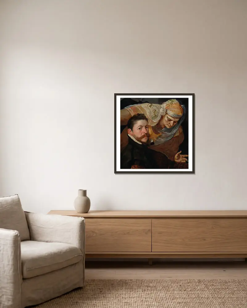 Porträtt av en konstnär, sittande, med en kvinna lutad över hans axel av Frans Floris inramad på en vägg