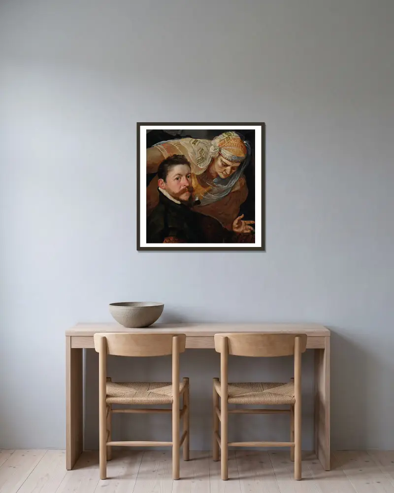 Porträtt av en konstnär, sittande, med en kvinna lutad över hans axel av Frans Floris inramad på en vägg
