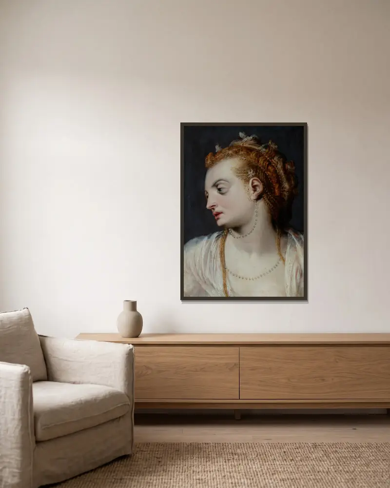 Studie des Kopfes einer jungen Frau in Weiß von Frans Floris gerahmt an einer Wand
