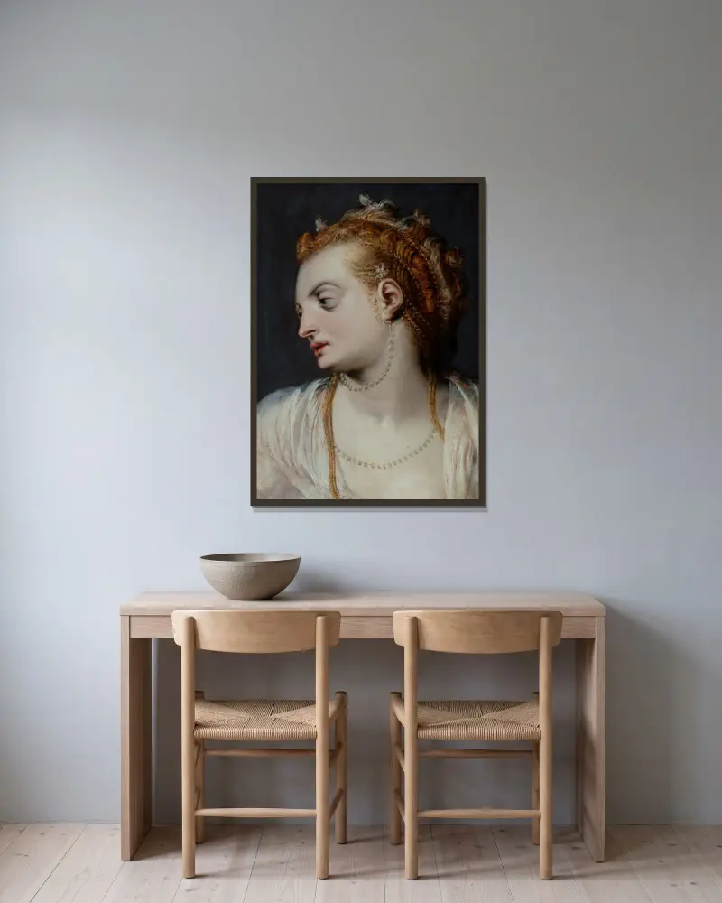 Studie des Kopfes einer jungen Frau in Weiß von Frans Floris gerahmt an einer Wand