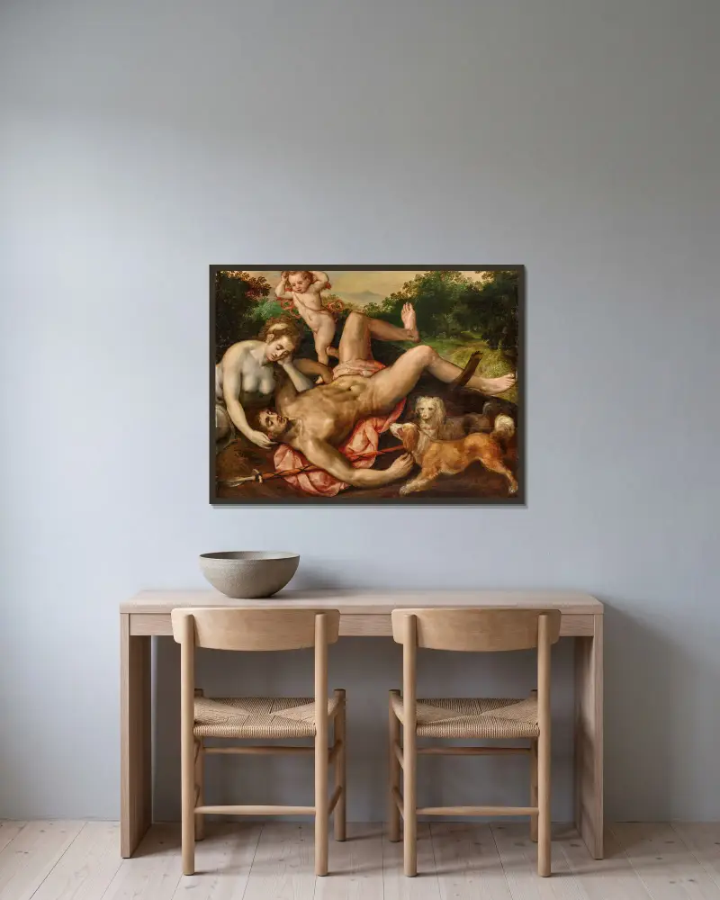 The Death of Adonis av Frans Floris inramad på en vägg