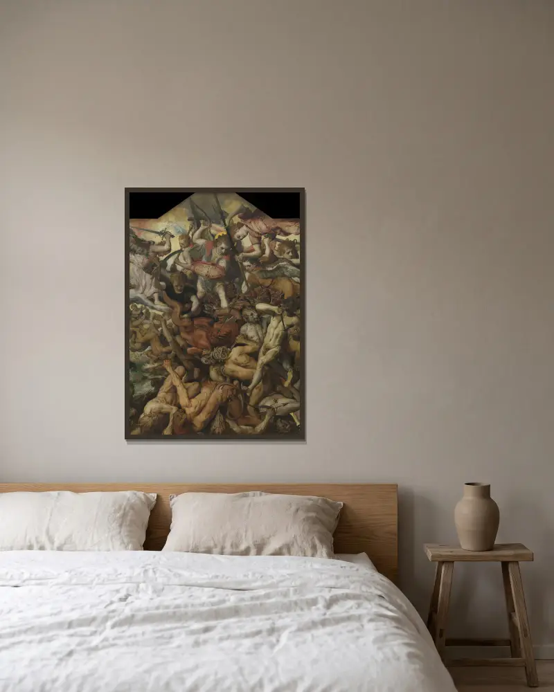 De upproriska änglarnas fall av Frans Floris inramad på en vägg