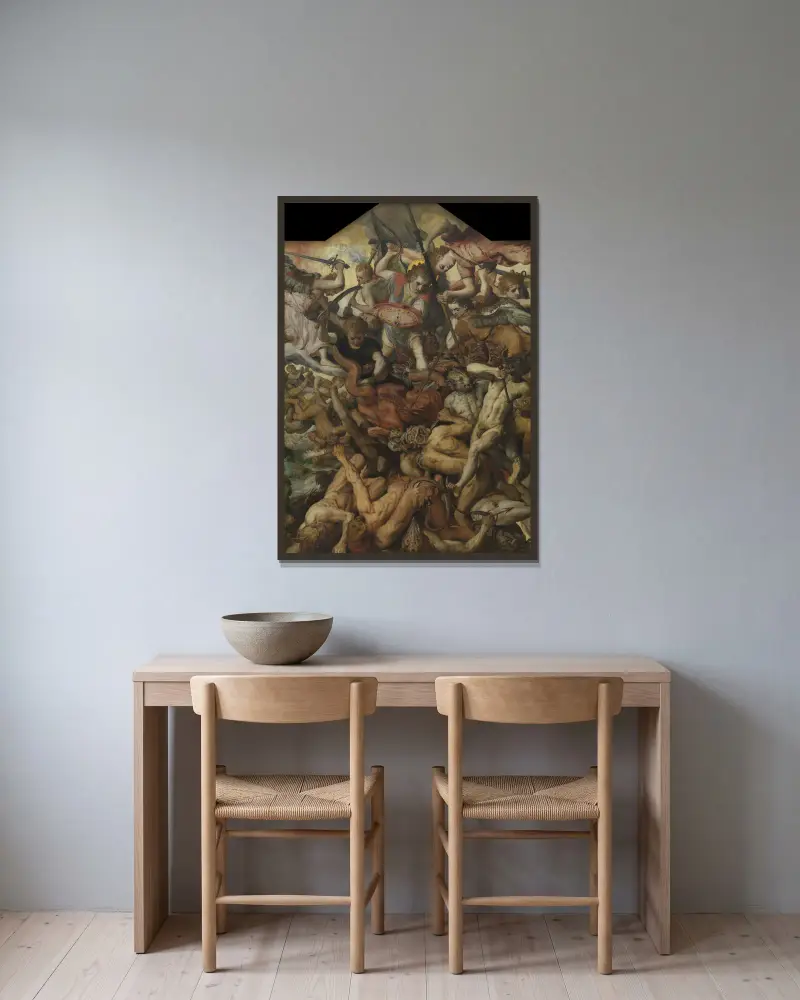 De upproriska änglarnas fall av Frans Floris inramad på en vägg