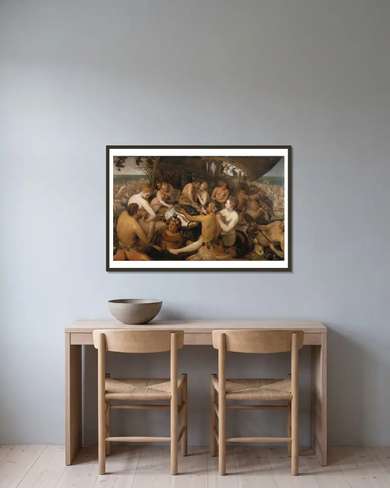 The Feast of the Seagods av Frans Floris inramad på en vägg