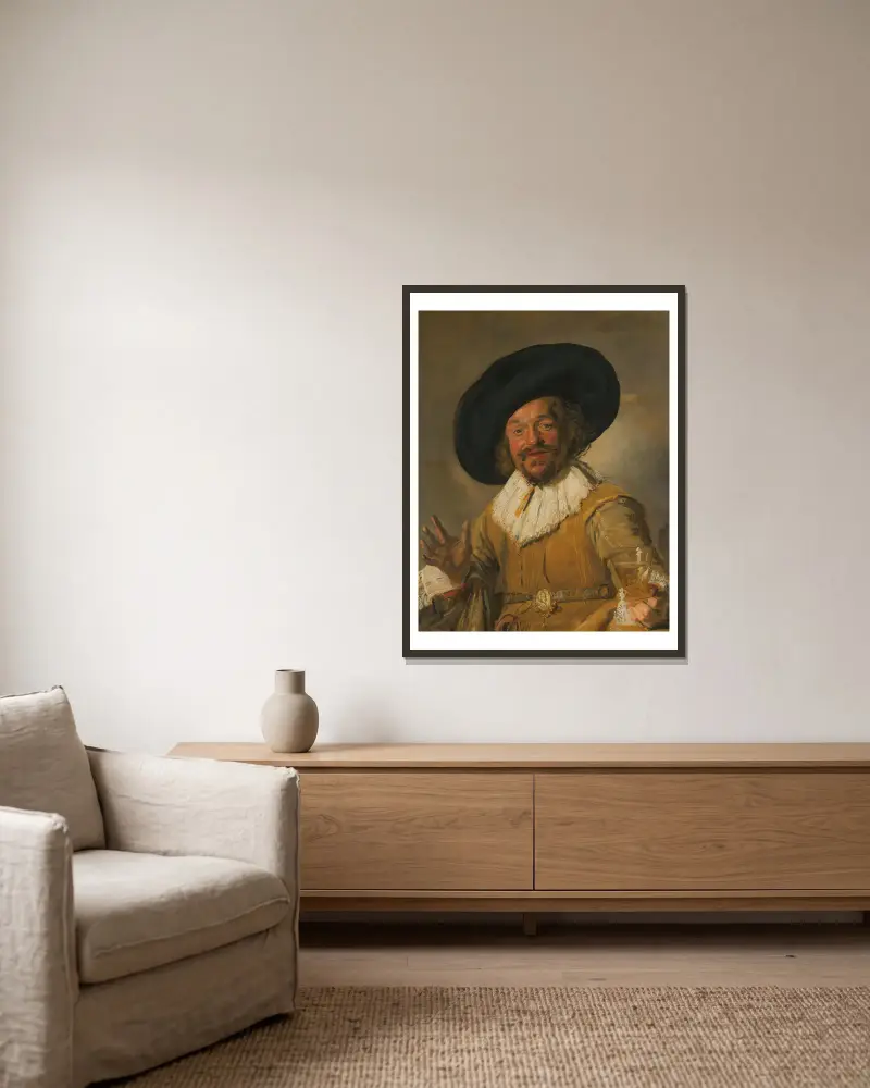 En militär med ett berkemeyerglas, känd som 'Den glade drickaren' av Frans Hals inramad på en vägg