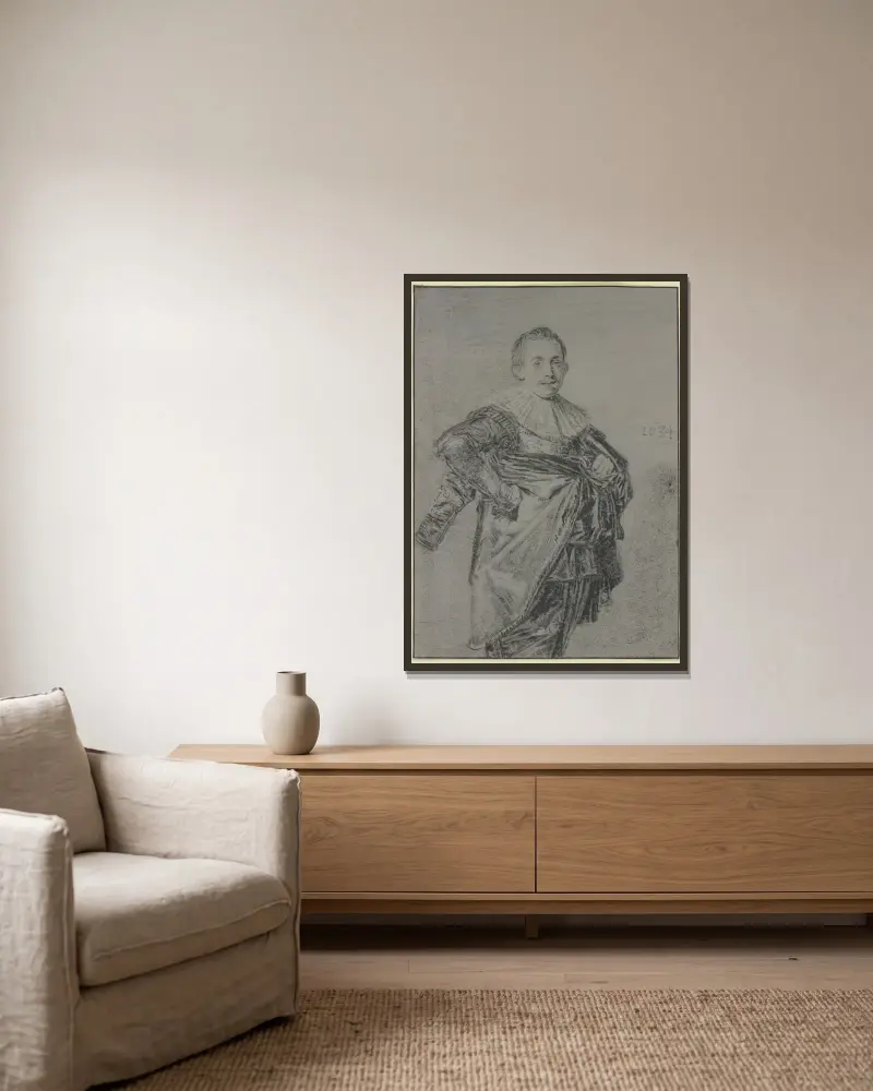 Junger stehender Mann mit Mantel und glatter Halskrause, Kniestück von Frans Hals gerahmt an einer Wand