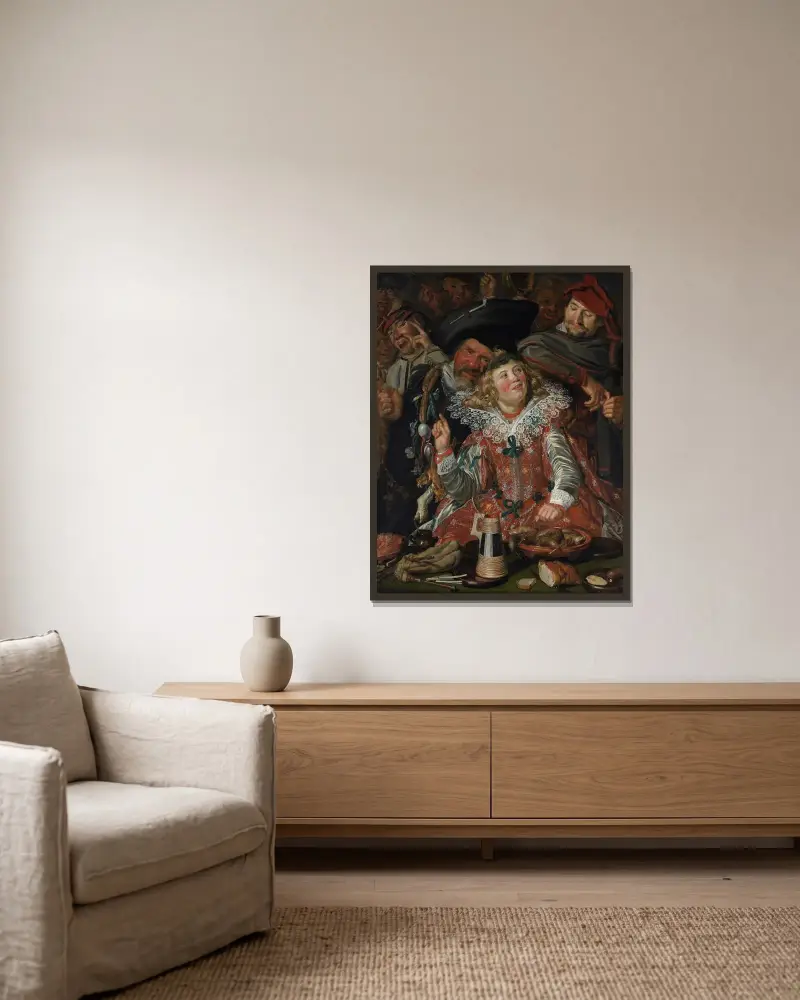 Fröhliche Gesellschaft beim Fasching von Frans Hals gerahmt an einer Wand