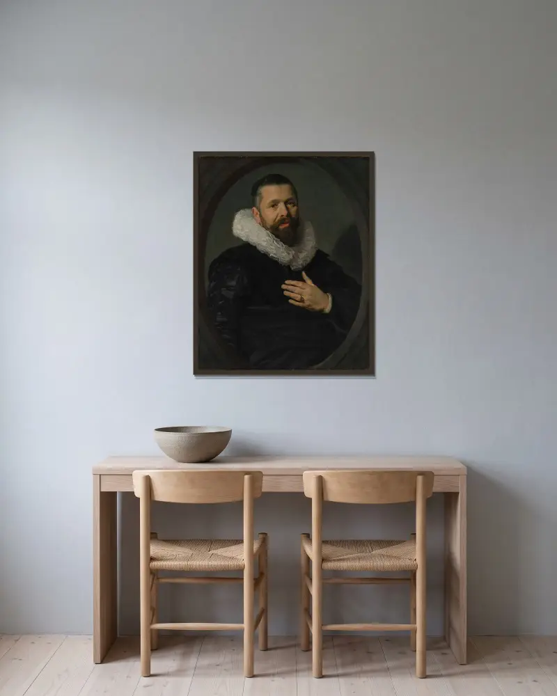 Porträtt av skäggig man med pipkrage av Frans Hals inramad på en vägg