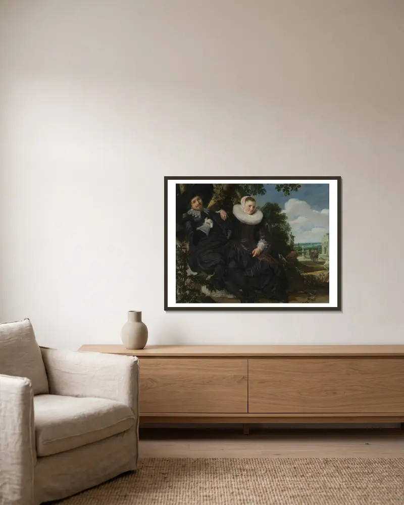 Bildnis eines Paares, vermutlich Isaac Abrahamsz Massa und Beatrix van der Laen von Frans Hals gerahmt an einer Wand