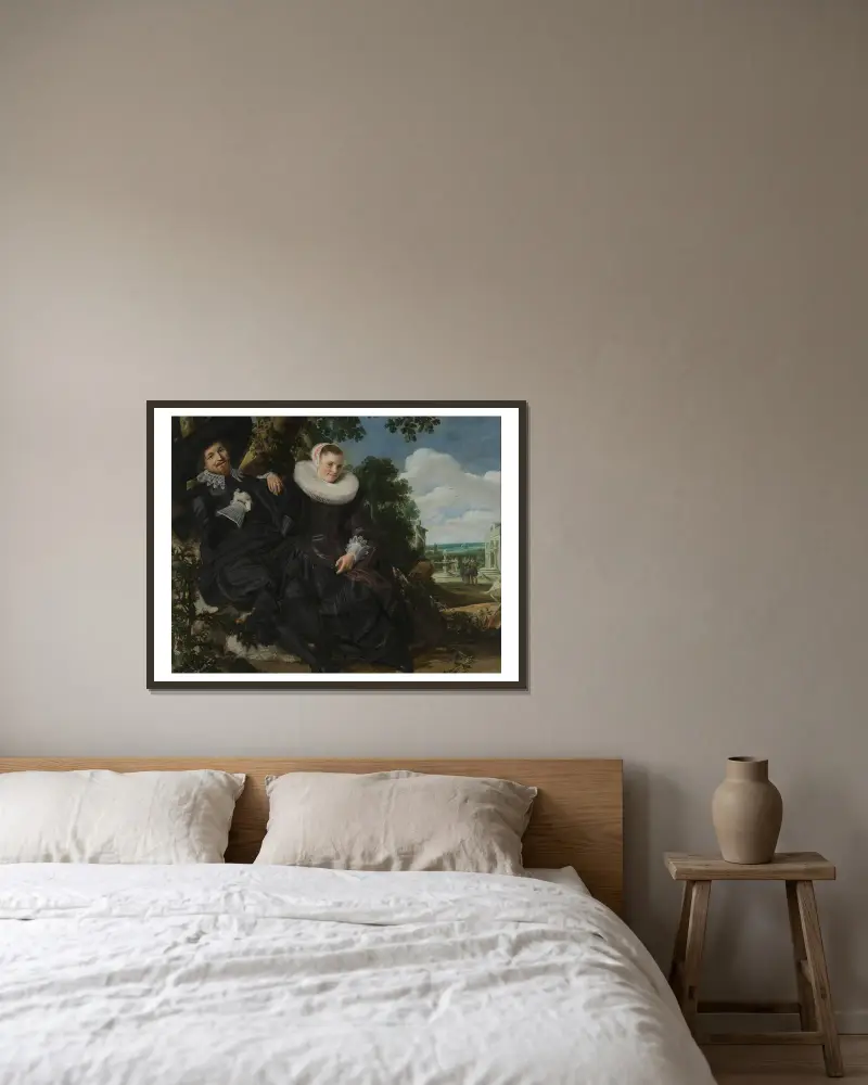 Bildnis eines Paares, vermutlich Isaac Abrahamsz Massa und Beatrix van der Laen von Frans Hals gerahmt an einer Wand
