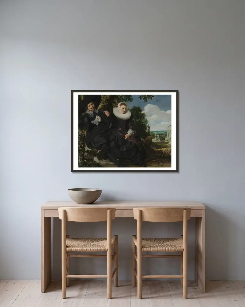 Bildnis eines Paares, vermutlich Isaac Abrahamsz Massa und Beatrix van der Laen von Frans Hals gerahmt an einer Wand
