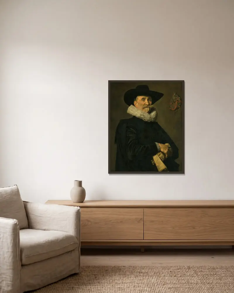 Porträtt av en herre ur familjen de Wolff, möjligen Joost de Wolff av Frans Hals inramad på en vägg