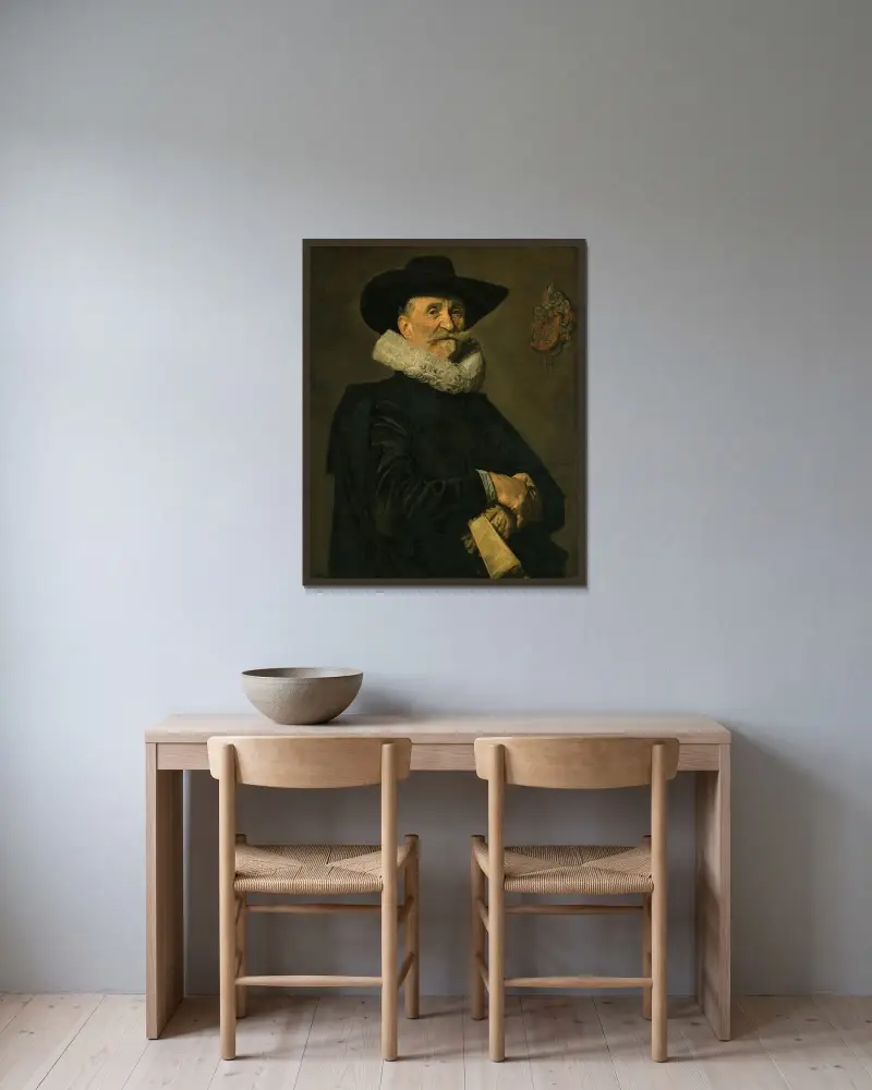 Porträtt av en herre ur familjen de Wolff, möjligen Joost de Wolff av Frans Hals inramad på en vägg