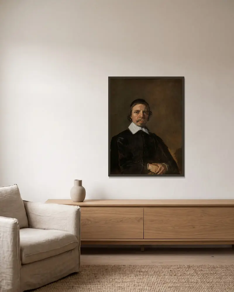 Porträtt av en man, möjligen en präst av Frans Hals inramad på en vägg