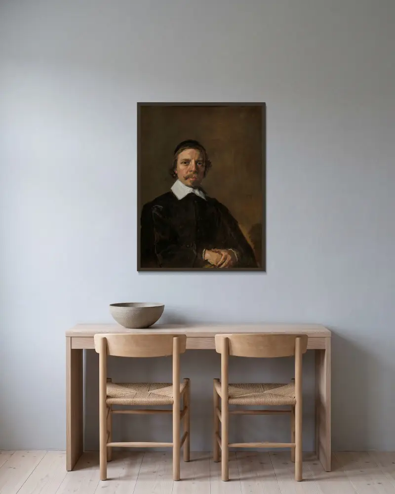 Porträtt av en man, möjligen en präst av Frans Hals inramad på en vägg