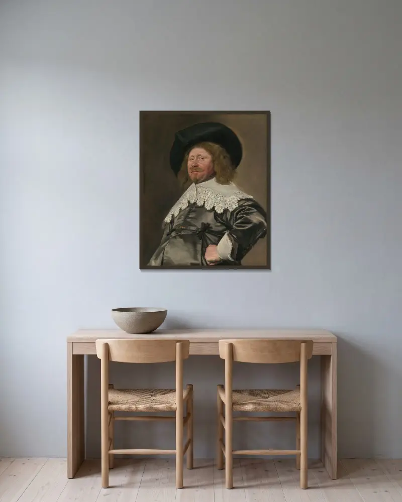 Porträtt av en man, möjligen Nicolaes Pietersz Duyst van Voorhout (född omkring 1600, död 1650) av Frans Hals inramad på en vägg