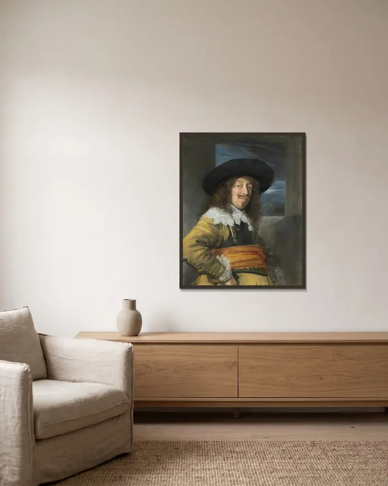 Porträtt av en medlem av Haarlems stadsvakt av Frans Hals inramad på en vägg