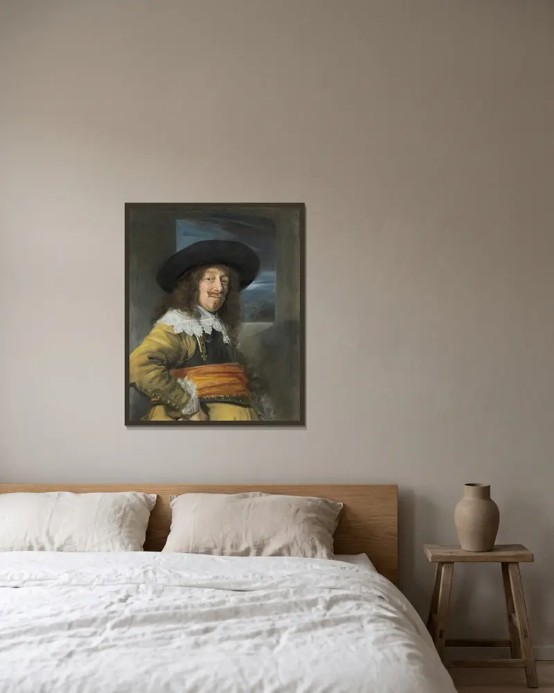 Porträtt av en medlem av Haarlems stadsvakt av Frans Hals inramad på en vägg