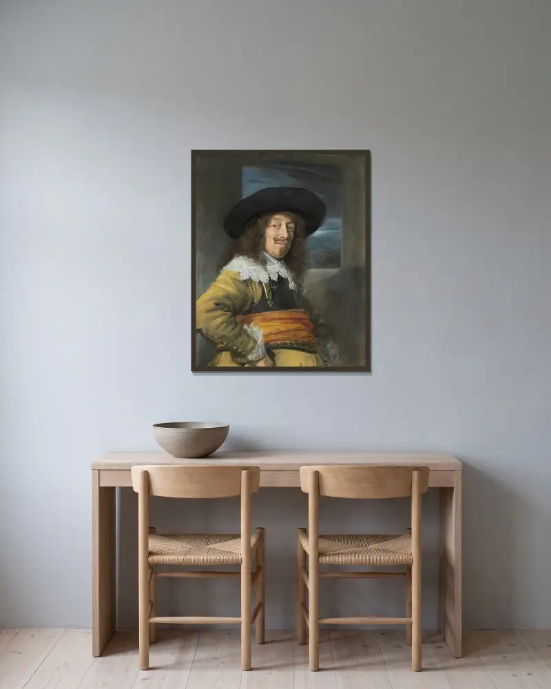 Porträtt av en medlem av Haarlems stadsvakt av Frans Hals inramad på en vägg