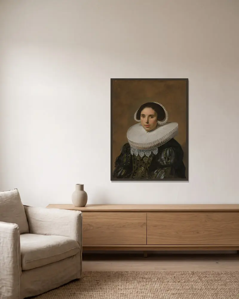 Porträtt av en kvinna, 1635 av Frans Hals inramad på en vägg