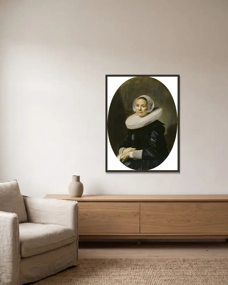 Bildnis einer Frau, 1638 von Frans Hals gerahmt an einer Wand
