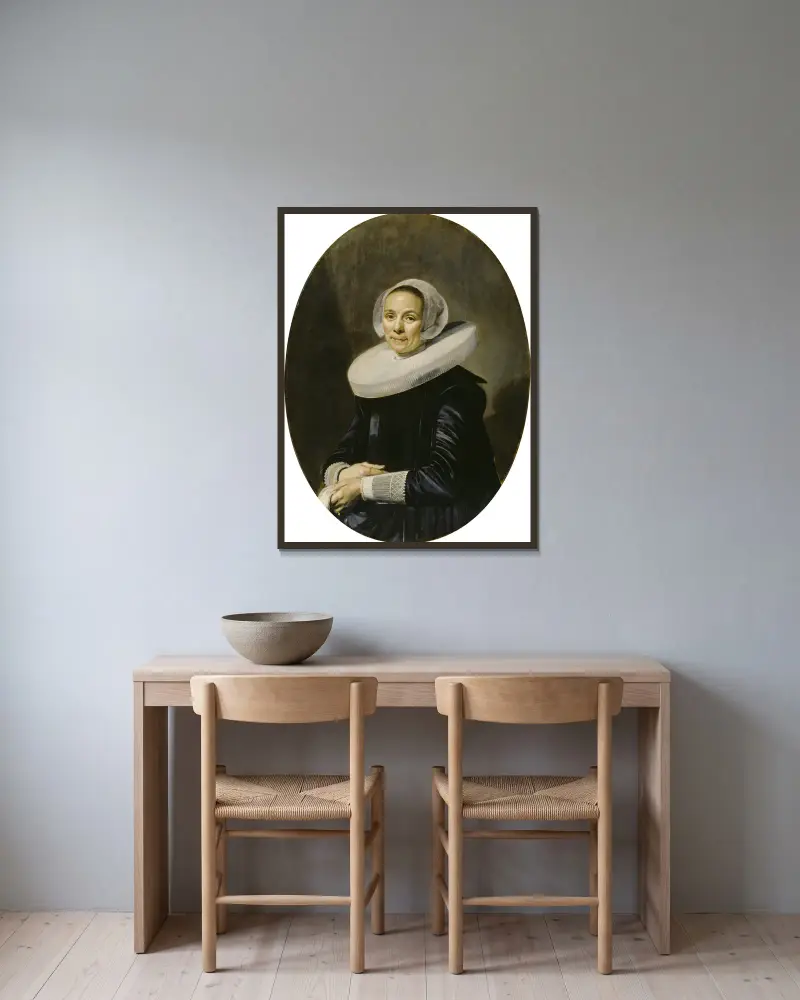 Bildnis einer Frau, 1638 von Frans Hals gerahmt an einer Wand