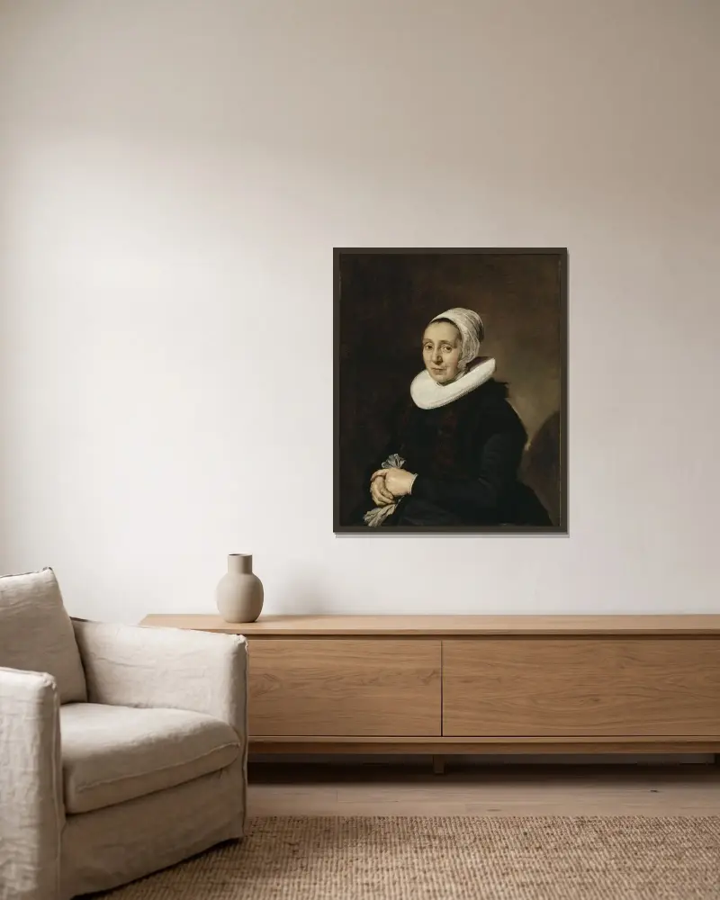 Porträtt av en kvinna, 1643 av Frans Hals inramad på en vägg