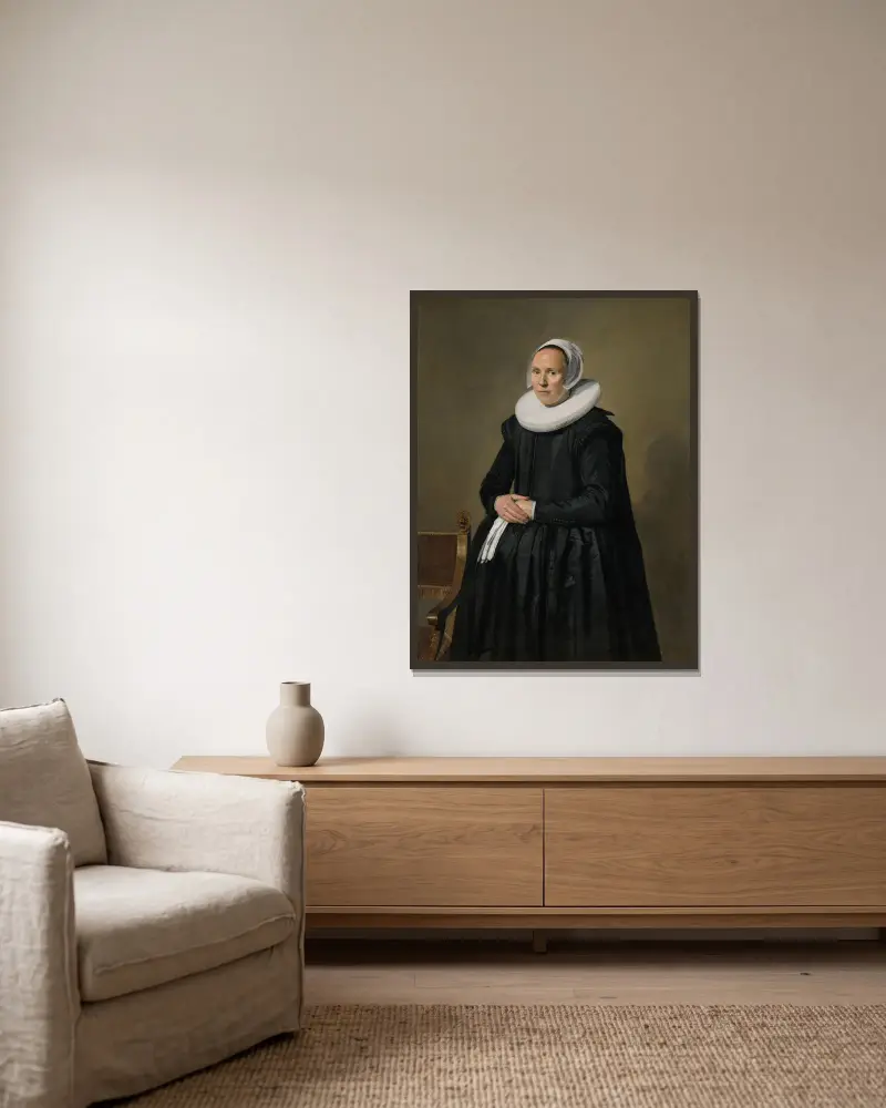 Porträtt av Feyntje van Steenkiste av Frans Hals inramad på en vägg