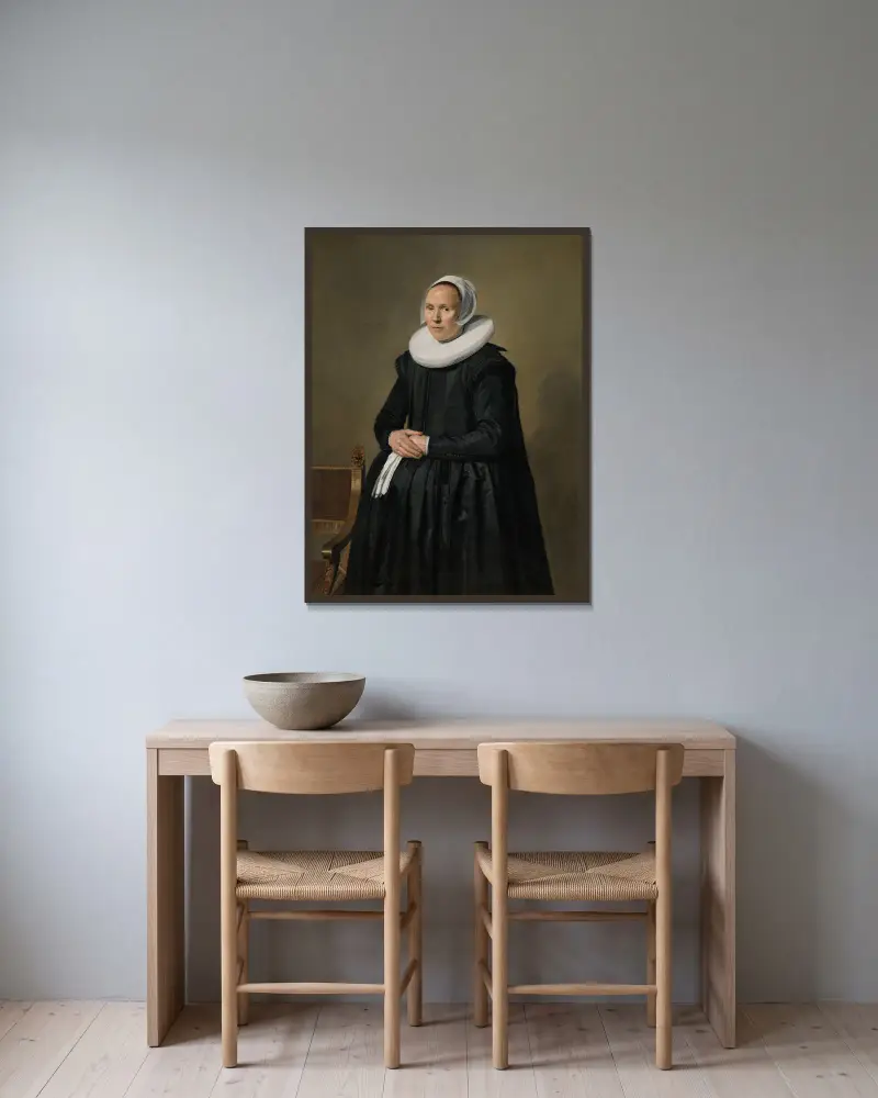 Porträtt av Feyntje van Steenkiste av Frans Hals inramad på en vägg