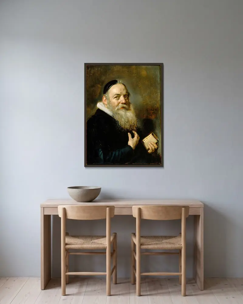 Porträtt av Hendrik Swalmius av Frans Hals inramad på en vägg