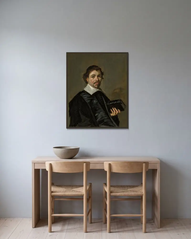 Porträtt av Johannes Hoornbeeck av Frans Hals inramad på en vägg