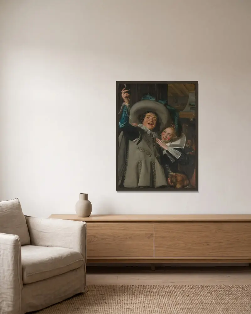 Ung man och kvinna på en krog av Frans Hals inramad på en vägg