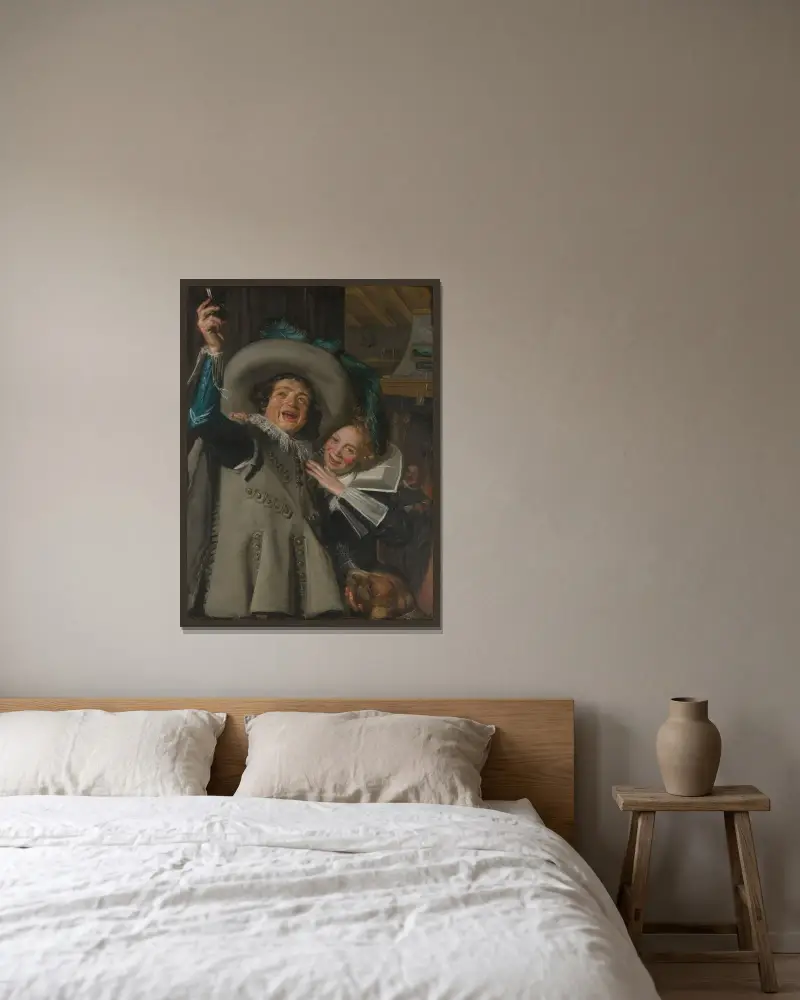 Ung man och kvinna på en krog av Frans Hals inramad på en vägg