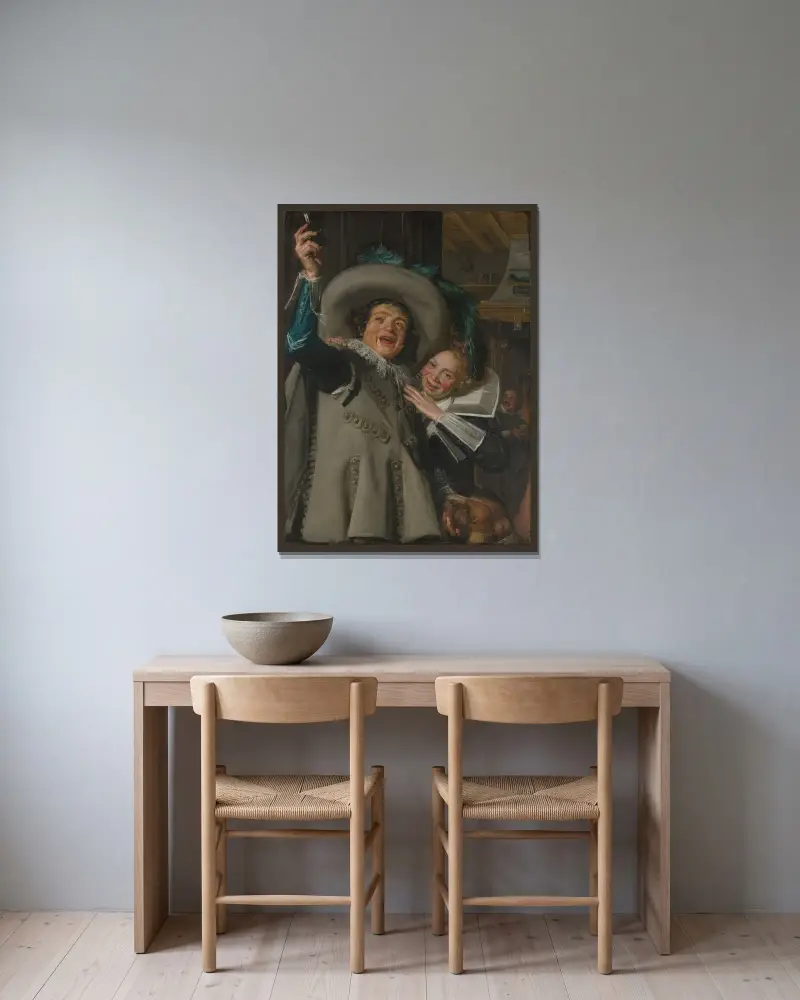 Ung man och kvinna på en krog av Frans Hals inramad på en vägg