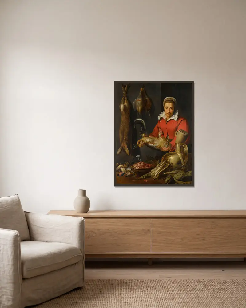 Eine Gemüsehändlerin mit einem Hahn, Wild, Spargel, Artischocken, Küchengeräten und einer Schale mit Walderdbeeren von Frans Snyders gerahmt an einer Wand