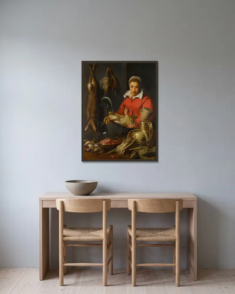 Eine Gemüsehändlerin mit einem Hahn, Wild, Spargel, Artischocken, Küchengeräten und einer Schale mit Walderdbeeren von Frans Snyders gerahmt an einer Wand