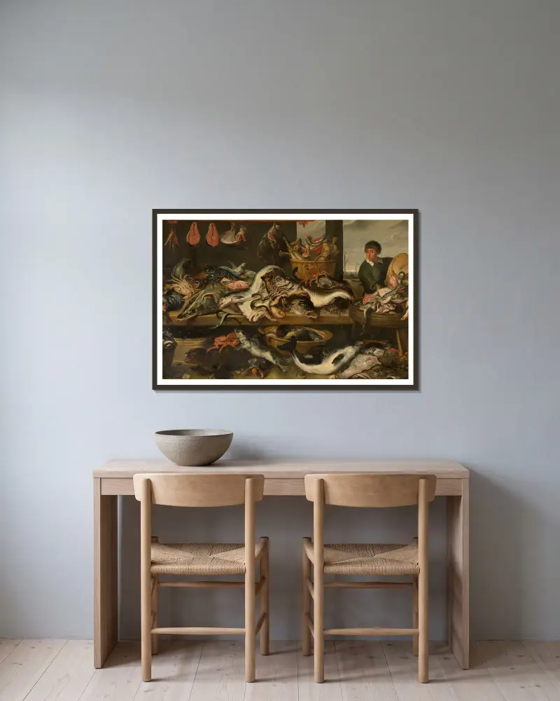 At the Fishmonger’s av Frans Snyders inramad på en vägg