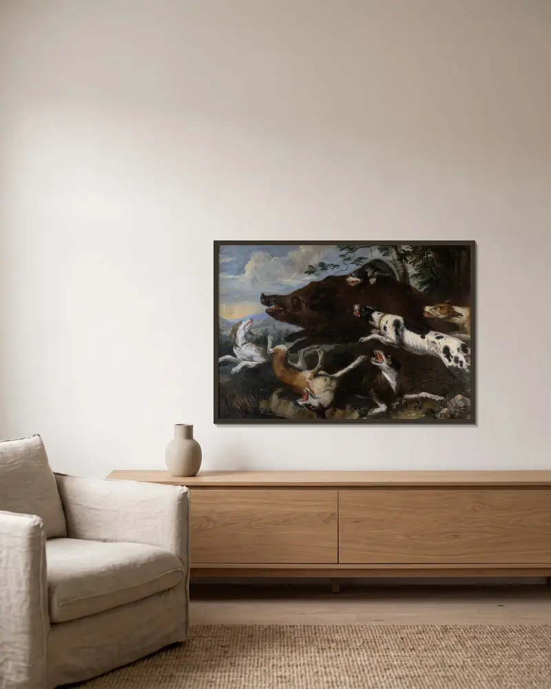 Boar Hunt av Frans Snyders inramad på en vägg