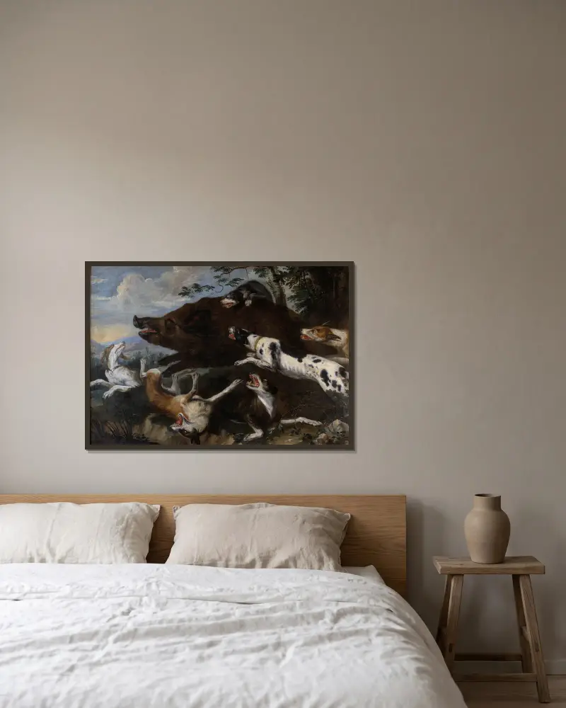 Boar Hunt av Frans Snyders inramad på en vägg