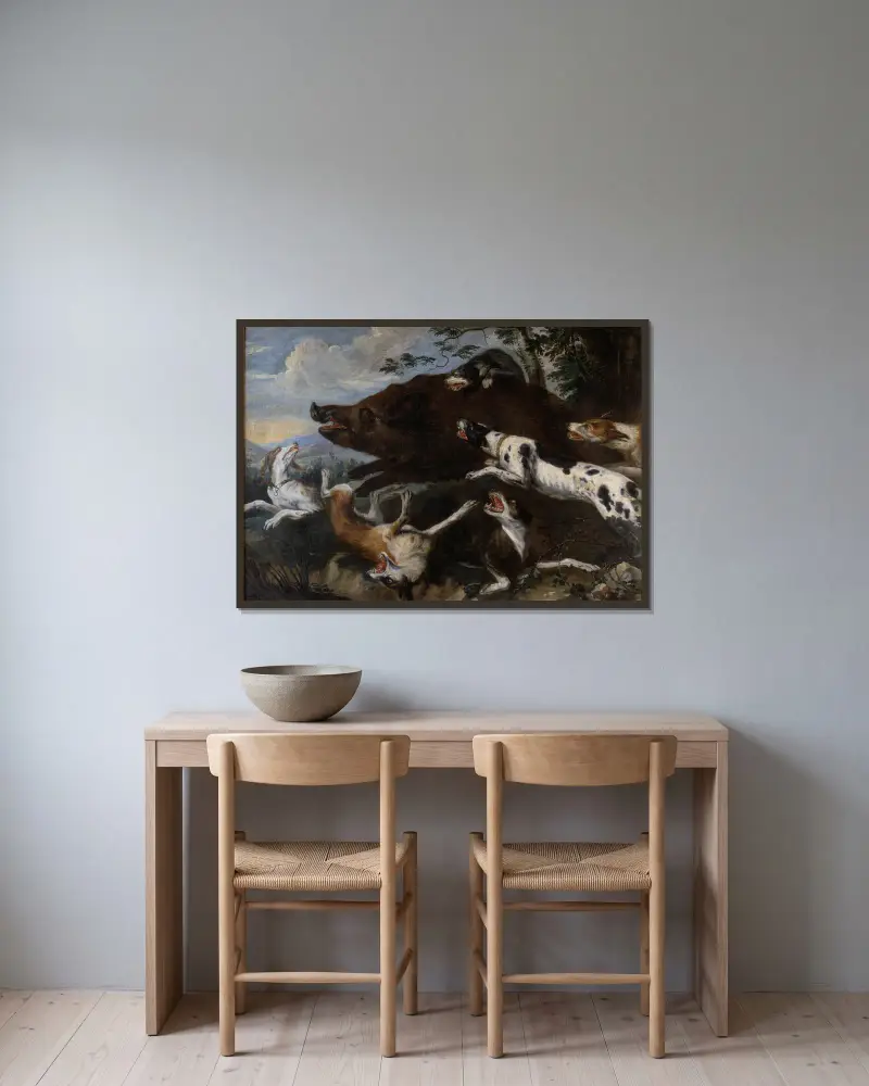 Boar Hunt av Frans Snyders inramad på en vägg